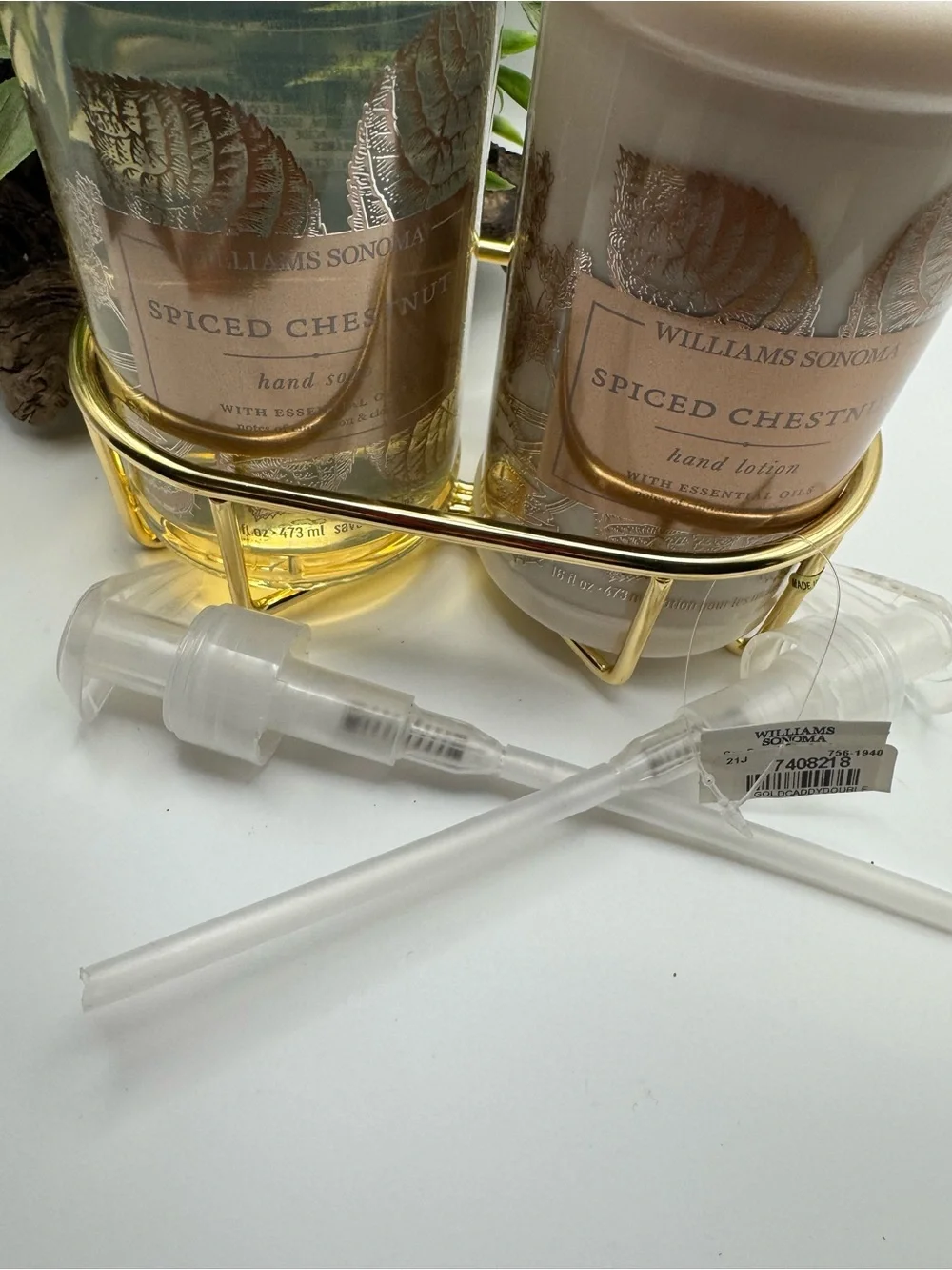 Williams Sonoma spiced chestnut hand soap and lotion set, NWT. With tray & pumps